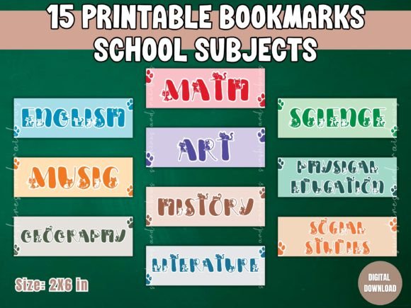 Cat-Themed School Subject Bookmarks